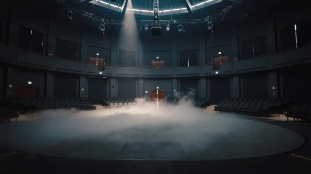 Spreading low fog drifting across circular stage after lighting cue, spotlight forming light shaft