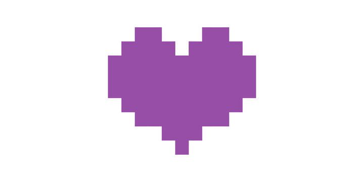 Purple pixel heart icon for retro gaming and digital social media design.