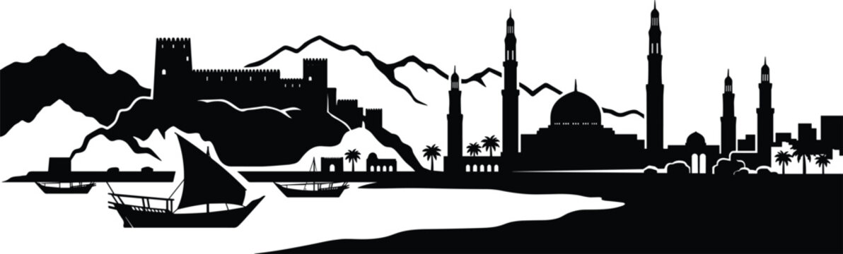 Omani harbor panorama showcasing traditional dhow sailboat historic fortress grand mosque and dramatic rugged mountain peaks