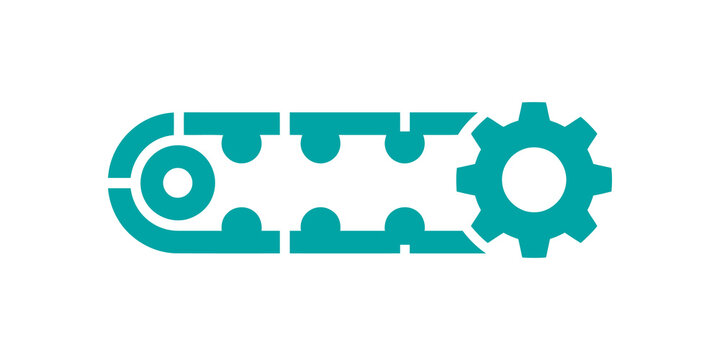 Teal belt drive gear icon for mechanical engineering and motion systems.