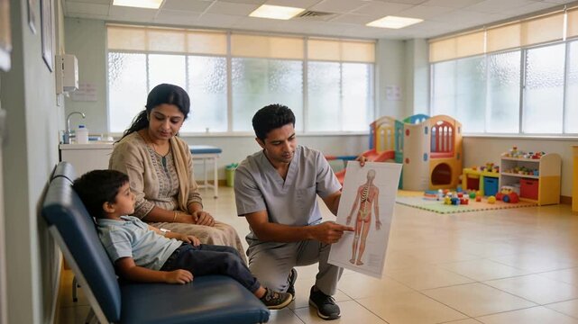 Presenting anatomy chart, scrub-clad clinician explaining to mother in kurta and child at clinic