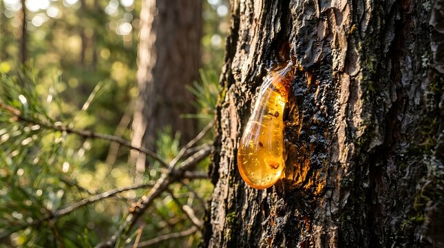 Golden amber pine resin dripping down the textured bark of a forest tree