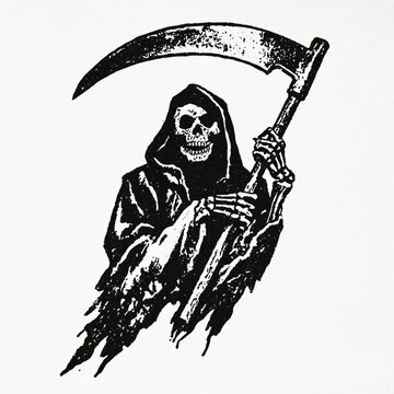 Grim reaper illustration with hooded skeleton holding scythe