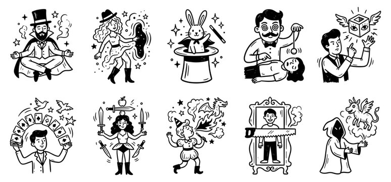 Circus illusionist and stage magician performance doodle set, levitation trick, rabbit in top hat, hypnotist, sword balance, fire breathing, and sawing a person vector