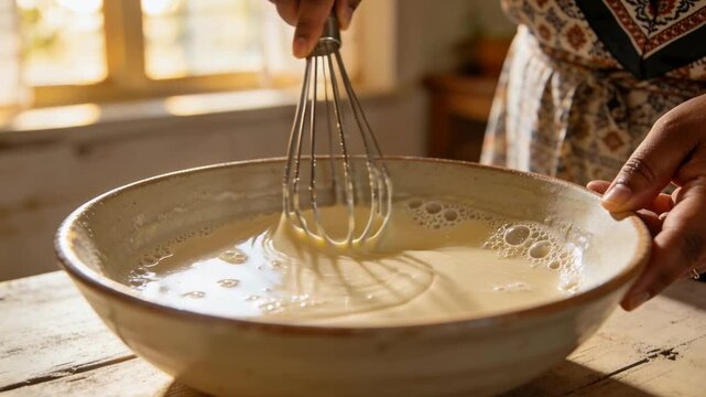 Whisking cook in patterned apron inserting whisk, stirring batter in bowl on table for breakfast
