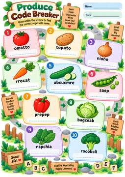 Produce Code Breaker Preschool Vocabulary Worksheet