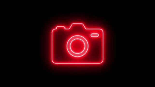 Glowing red neon camera animation on black background, for and media, concepts digital