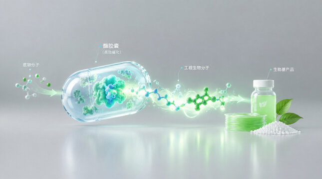 3D synthetic biology and biomanufacturing concept, translucent enzymatic reactor with glowing engineered biomolecule structure with copy space