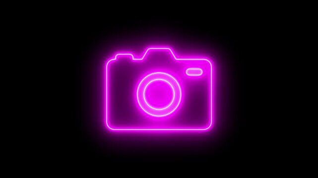 Glowing neon camera animation, vibrant pink digital symbol on black background, light