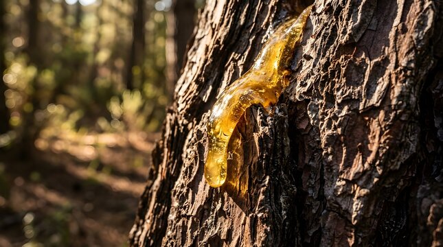 Golden pine resin dripping down the textured bark of a forest tree