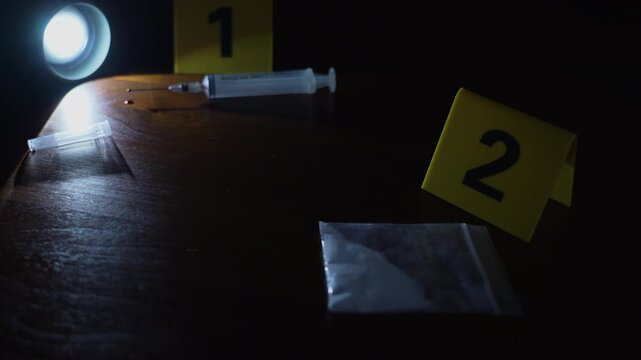Drug baggie, syringe, blood drop, and evidence marker focused sequentially at dark crime scene under flashlight and flashing police lights, rack focus zoom in