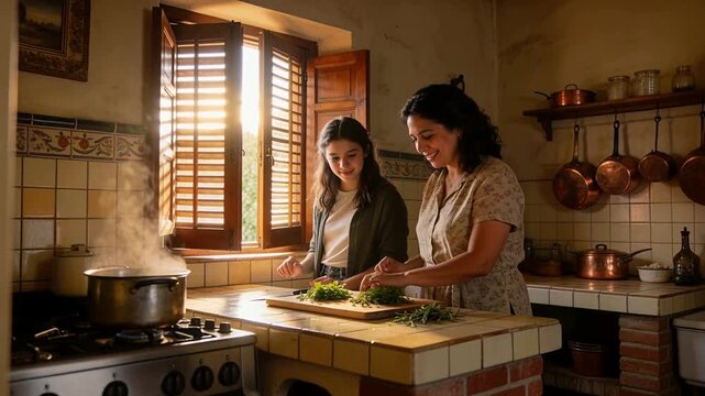 Opening shutters girl letting sunlight into kitchen, woman in top chopping herbs for cooking by pot