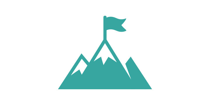 Cyan mountain peak with flag flat icon for transparent achievement theme.