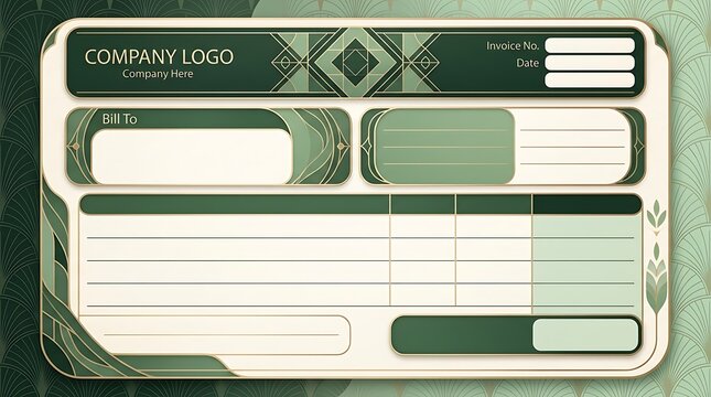 Art deco style green invoice template with geometric borders