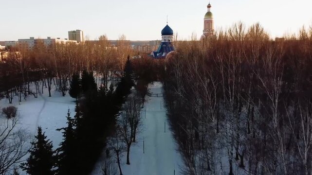 Aerial view of a winter forest transitioning to the city