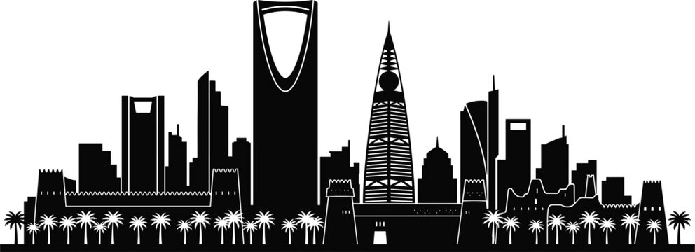 Riyadh city skyline featuring kingdom centre tower al faisaliyah tower traditional mudbrick fort and palm trees in saudi arabia