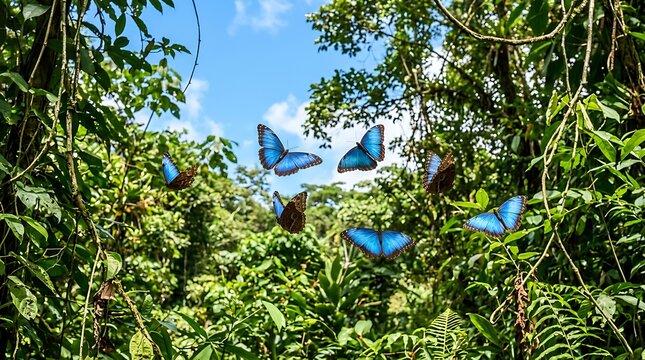 Blue morpho butterflies flying through a lush tropical jungle forest
