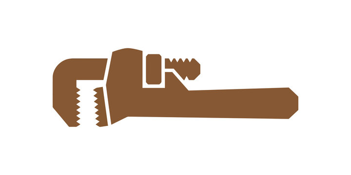 Brown adjustable pipe wrench flat icon for plumbing repair construction job.