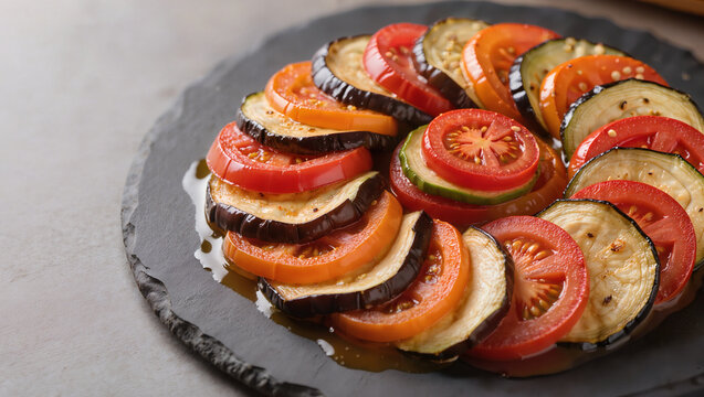 Ratatouille of sliced eggplant tomato and zucchini arranged in a spiral on a slate plate, mediterranean vegetarian cuisine concept with copy space for text