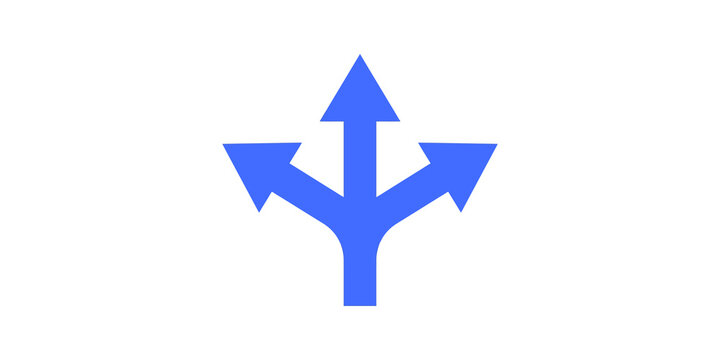 Three way arrow flat icon blue directional sign for pathfinding systems.
