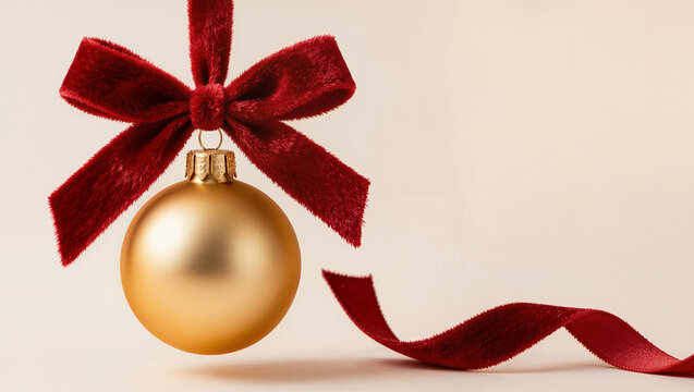 Matte gold Christmas bauble hanging from a red velvet bow with a trailing ribbon on a cream background, holiday decoration concept with wide copy space for text