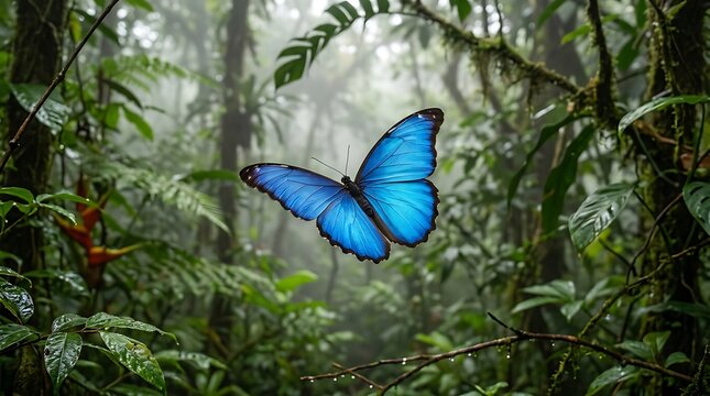 Blue morpho butterfly flying through a misty tropical rainforest