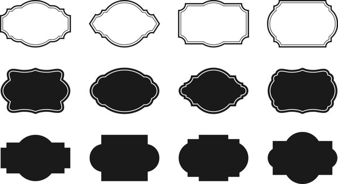 Classic black label frames and silhouettes in vintage and decorative shapes. Badge templates for logos, packaging mockups, tags and stationery design in retro and elegant style.