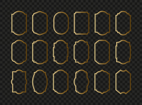 Premium ornamental frame set with shiny gold effect. Vertical Logo Frames, Label Shapes and Badge Templates Set. Collection for vintage packaging, luxury mockups and boutique branding.
