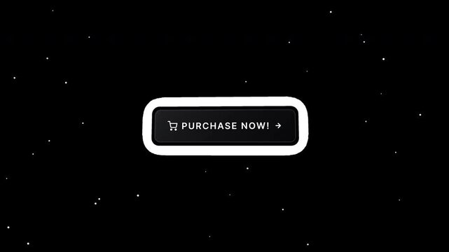 Sleek animated black Purchase Now button on a transparent background with glossy sheen and subtle 3D tilt. No floor shadow for easy compositing in retail, e-commerce, and promotional videos.