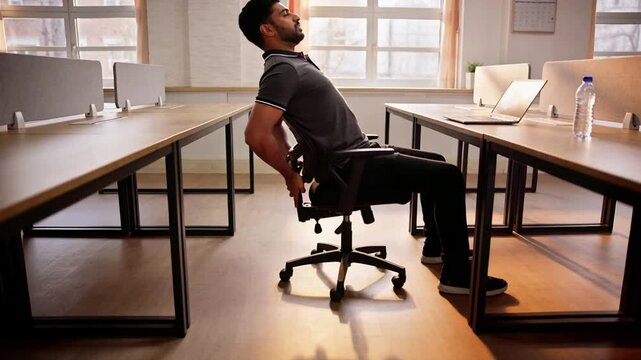 Leaning man in dark polo reclining chair to stretch back after laptop use at open-plan office