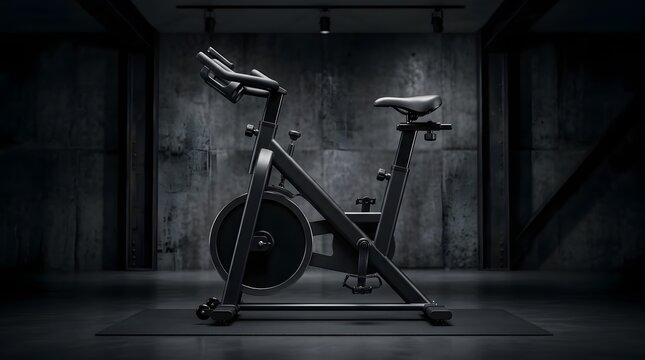 Modern black stationary exercise bike standing inside a dark empty studio gym