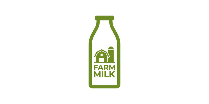 Farm milk glass bottle icon with green cow house graphic for dairy food.