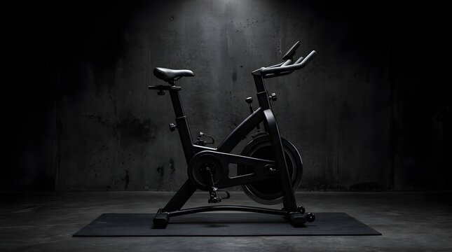 Modern indoor exercise bicycle standing on black mat against dark wall