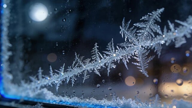 Forming diagonal fern-like frost branch on window at night, cold causing star cluster and droplets