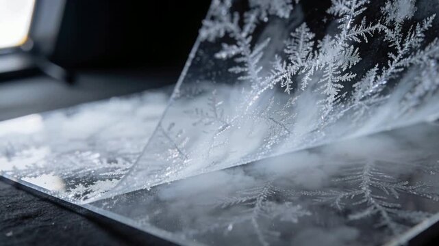 Lifting frosted film with off-frame pull, center sheet curling on reflective panel, vapor shifting