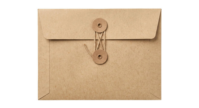 Brown kraft paper envelope with string tie closure on a white background