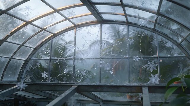 Breeze nudging palms, camera filming arched glasshouse, revealing dewy web, snowflake decals, pots