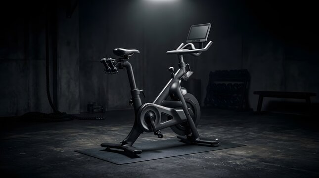 Modern stationary exercise bike in dark fitness studio with digital screen