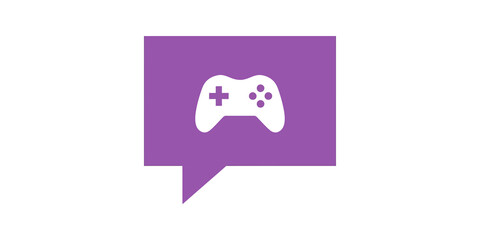 Purple speech bubble flat icon with gaming controller for social media app. © SAJID