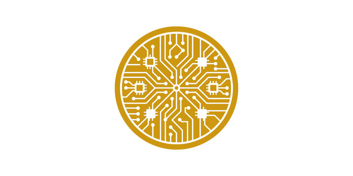Circular golden circuit board pattern for advanced computing technology use.