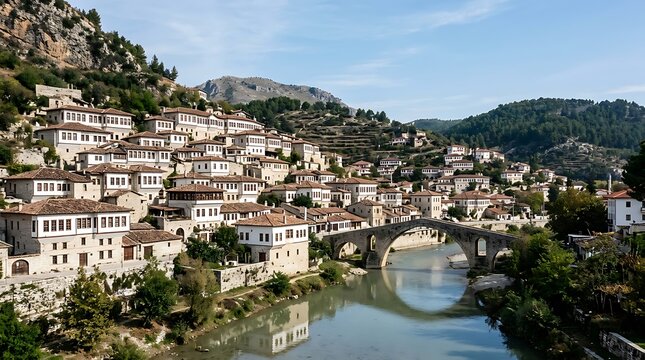 Scenic view of a historic hillside town and stone bridge over a river