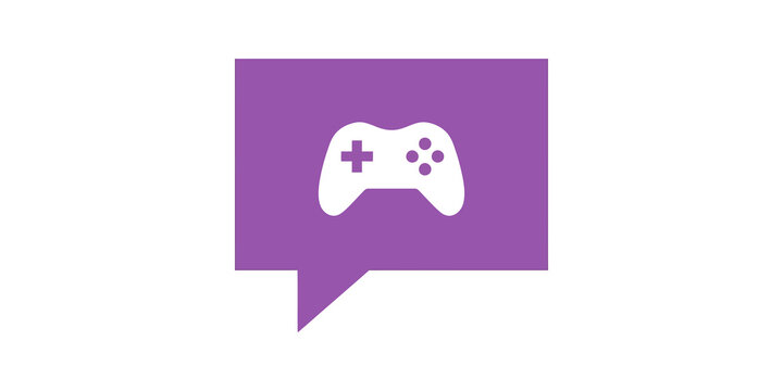 Purple speech bubble flat icon with gaming controller for social media app.