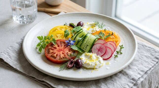 Fresh salad plate with vegetables and cheese