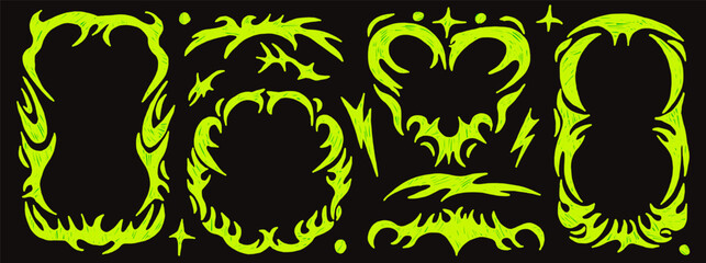 Obraz premium Frame neon collection in acid green on black. Tribal heart, circle and rectangle borders with gothic thorn and separator in vector. Cyber assets for rave flyers or album covers or text box for sale