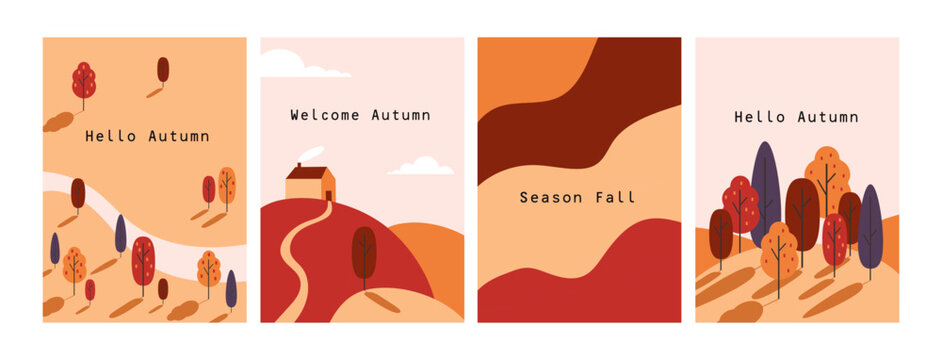 Trendy modern art style abstract autumn poster set. Fall background,  cover, sale banner, flyer design. Vector