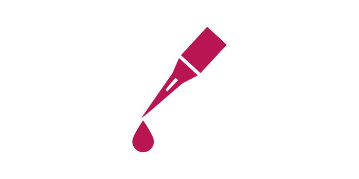 Medical dropper flat icon with magenta liquid drop for health care labs.