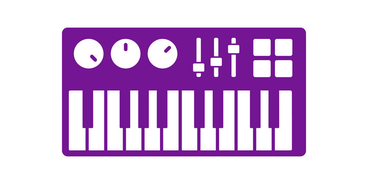 Purple synthesizer keyboard flat icon for music production and studio use.