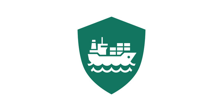 Shipping security shield icon with cargo vessel for logistics protection.
