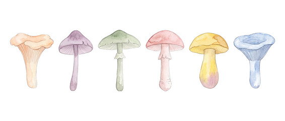 Obraz premium Watercolor mushroom collection set isolated on black background, colorful fungi illustrations, pastel rainbow botanical set, hand drawn art element for design projects, autumn aesthetic drawing.