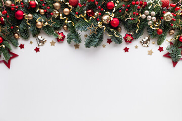 Christmas and New Year frame or border. Festive composition of green fir branches with golden and red decorations on white background. © juliasudnitskaya